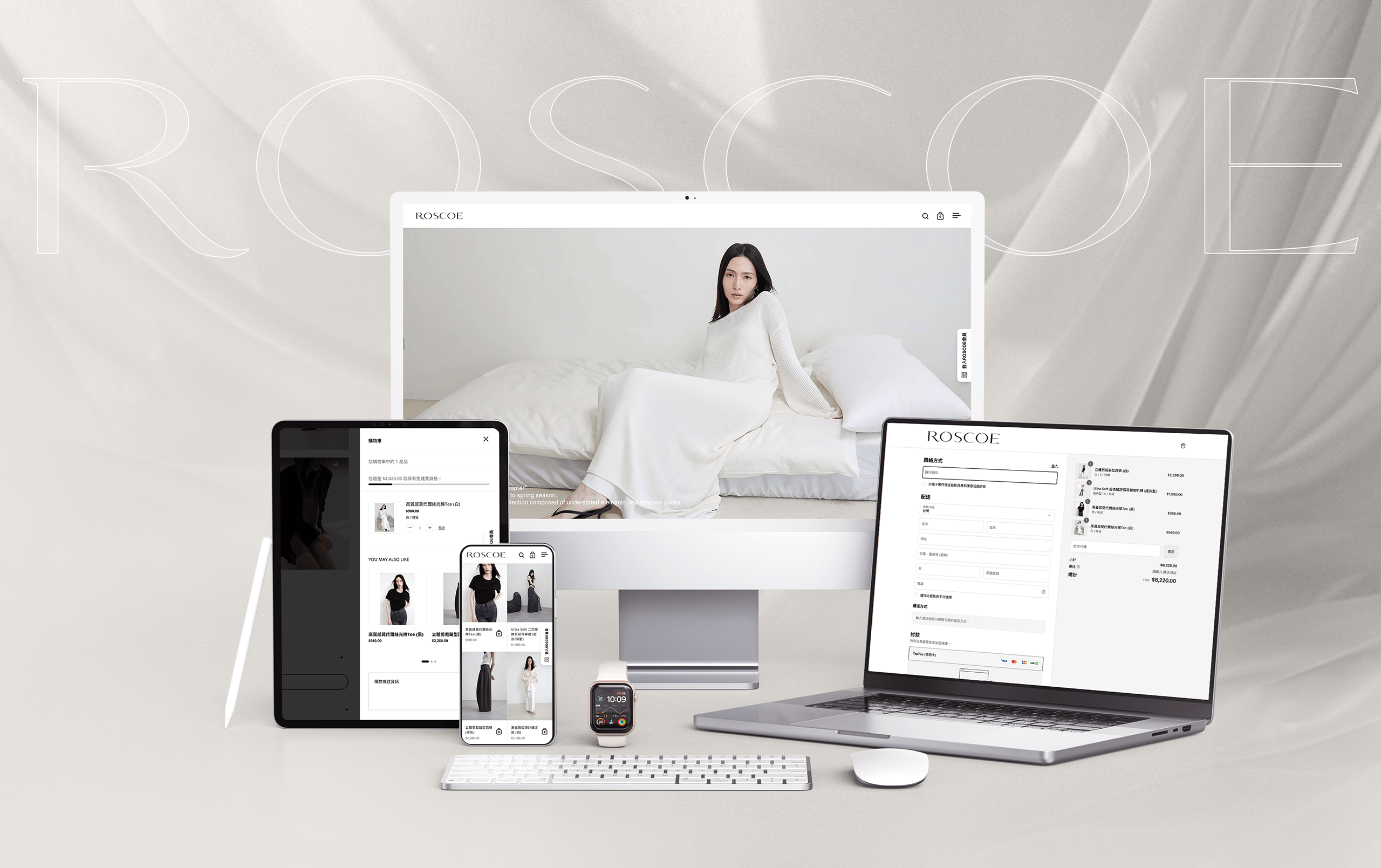 ROSCOE 時尚女裝品牌 Shopify 電商網站響應式 RWD 網頁設計，含桌機版、手機版、iPad 版本形象 banner
