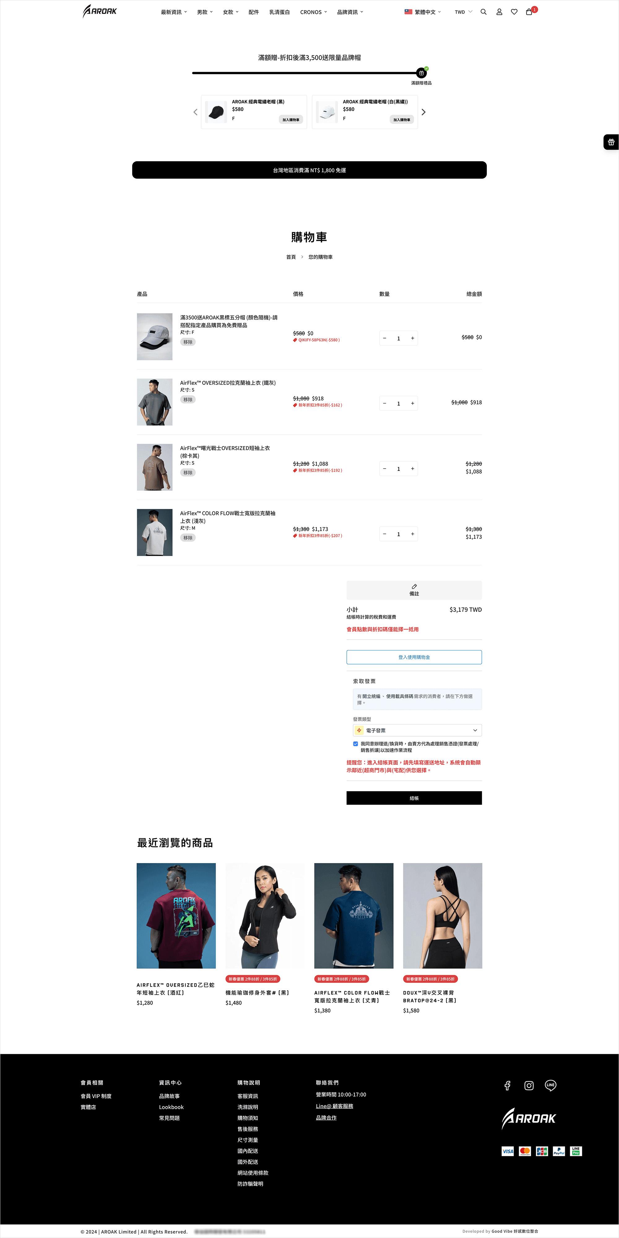 Aroak 運動健身服飾品牌 Shopify 電商網站購物車頁面建置，最上方含加價購功能 & 滿額免運提示 banner 設計