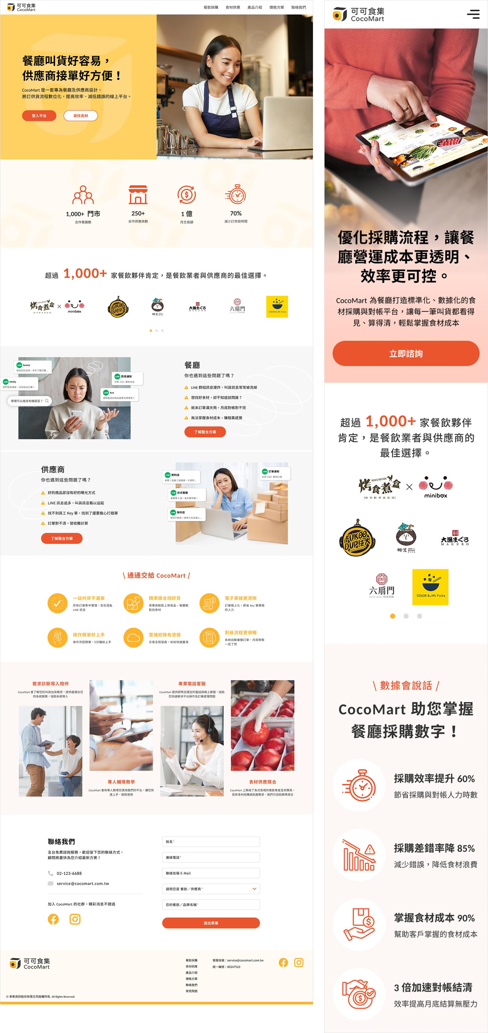 Cocomart 可可食集品牌形象網站設計餐廳頁面，以圖示清楚呈現 B2B 的商業模式