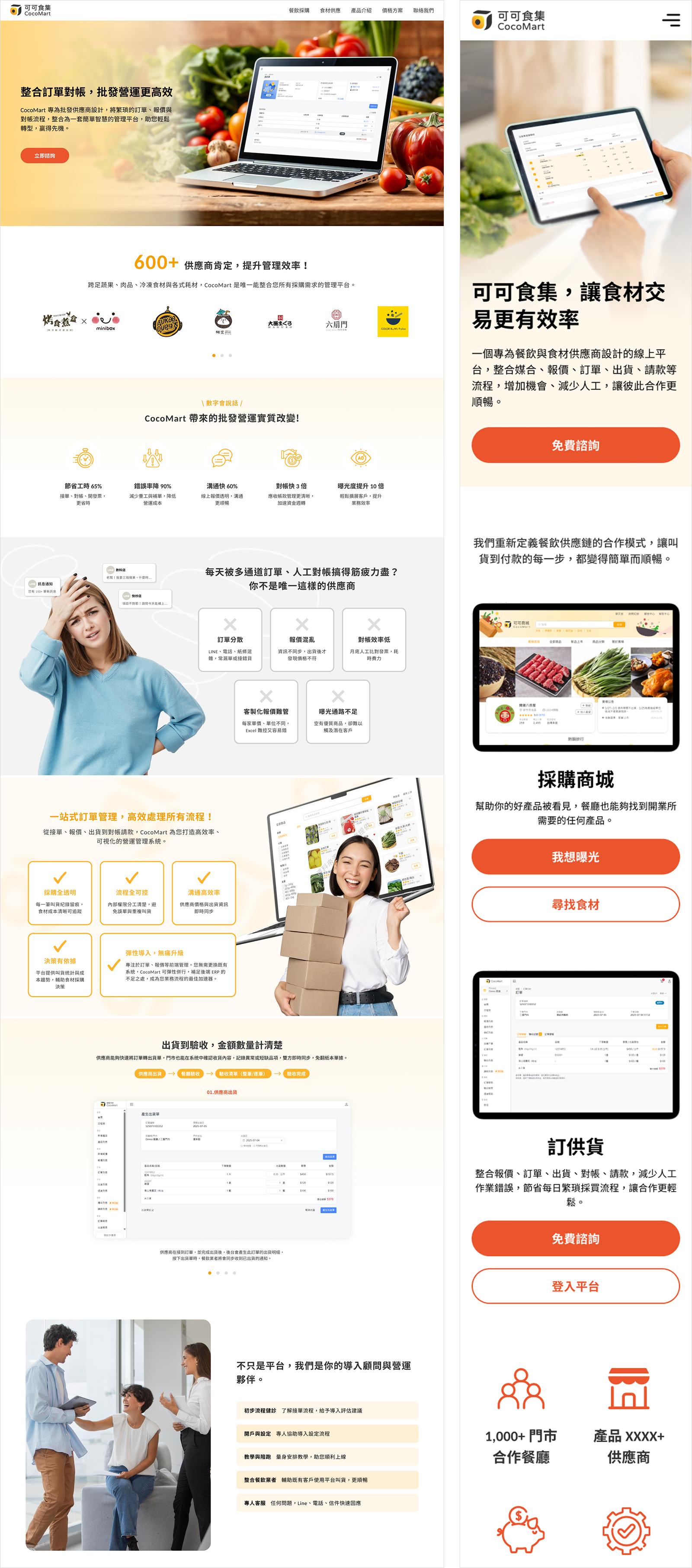 Cocomart 可可食集品牌形象網站設計首頁，以圖示清楚呈現 B2B 的商業模式