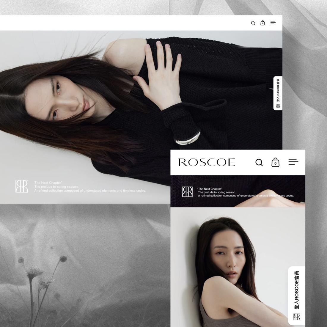 ROSCOE 時尚女裝品牌 Shopify 電商網站首頁桌機版、手機版形象視覺 banner