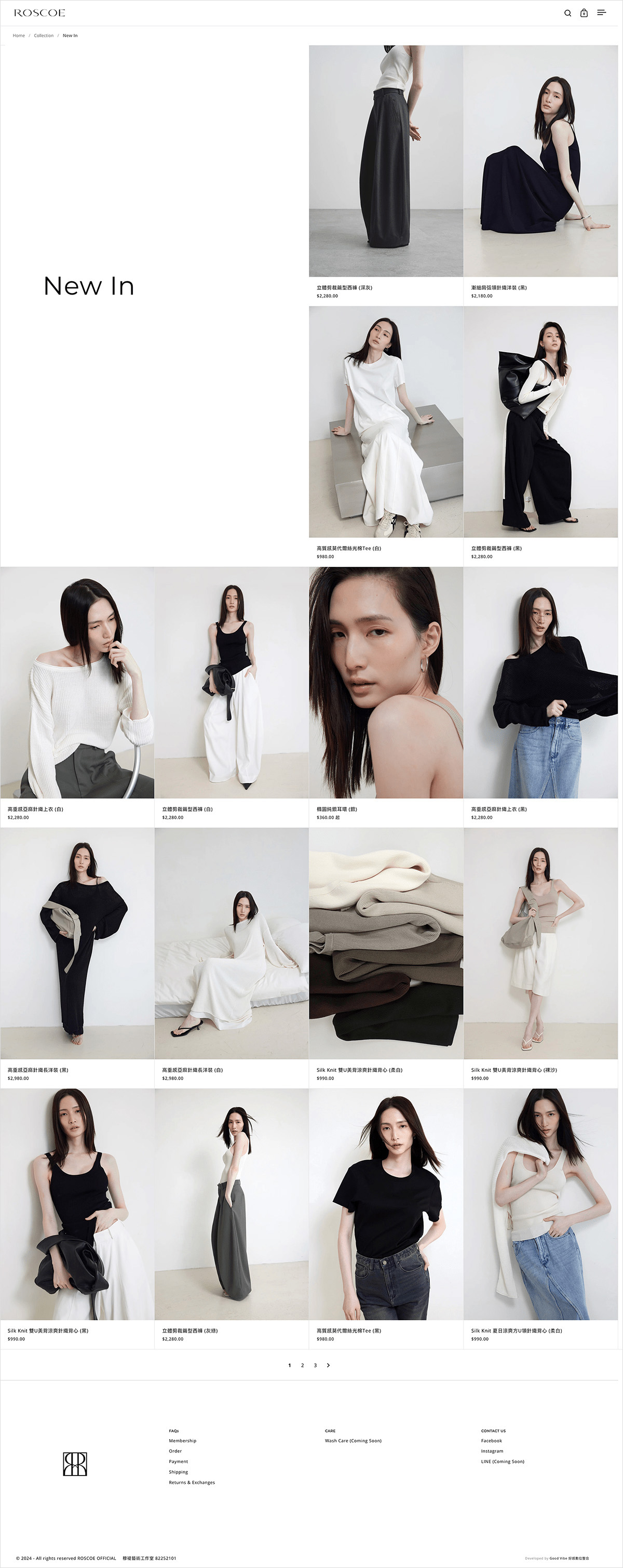 ROSCOE 時尚女裝品牌 Shopify 電商網站產品目錄頁面設計，以長方形圖片形式貼合設計，以雜誌風格呈現